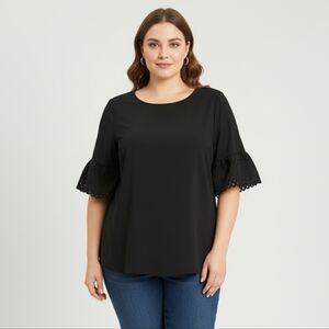 Moa Moa Women's Black Eyelet Lace Crewneck Blouse Size XL EUC